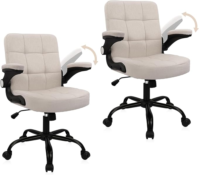 CLATINA Fabric Office Chair Ergonomic Cloth Linen Swivel Desk Chair with Back Support and Padded Flip up Armrests, Executive Rolling Computer Chairs for Work, Conference, Home, Study, Beige, 2 Pack