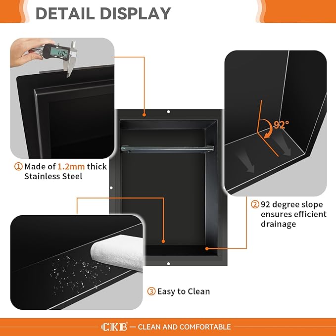 CKB Shower Niche Stainless Steel, 24 Inch x 14 Inch x 4 Inch Depth, Double-Layer Storage Shelves, Recessed Shower Shelf with Matte Black