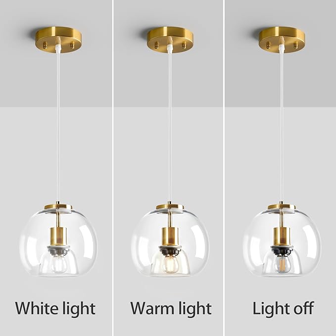 Clear Glass Pendant Light Fixture Kitchen Island Gold Hanging Light Globe Modern Pendant Lighting for Kitchen, Bedroom & Dining Room (7.87", 1 Pack)