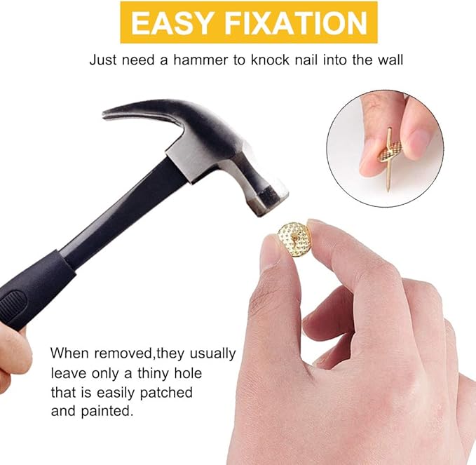 60pcs Picture Hangers, 20lbs Picture Hanging Hooks, Iron Alloy Nail Hooks, Professional Plaster Picture Hanging Kit on Wooden/Drywall Hanging Hardware for Clock,Mirror,Jewelry Golden