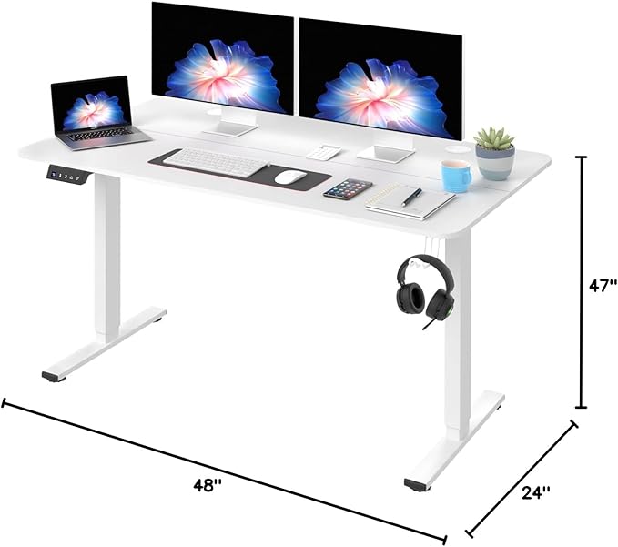 PayLessHere 55 Inch Electric Standing Desk Computer Desk with Large Space and Headphone Holder Office Desk with Electric Lifting and 2 Memory Function for Office Bedroom Meeting Room,White