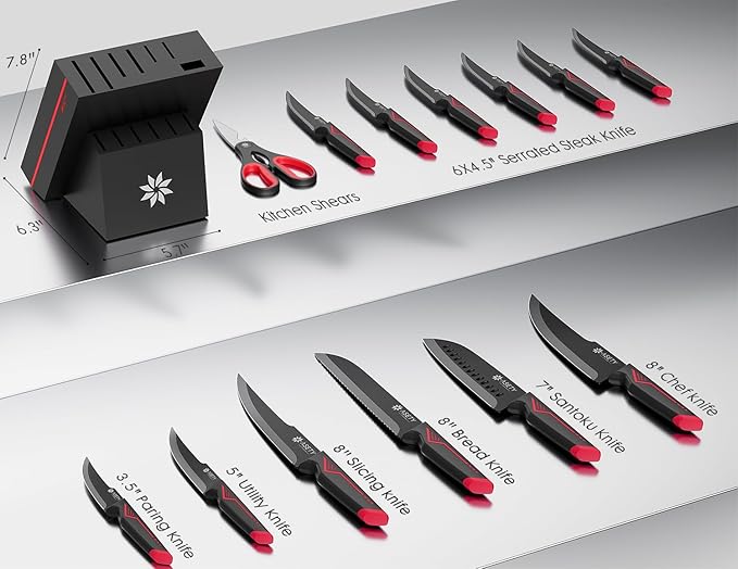 Knife Set - 15 PCS Kitchen Knife Set with Built-in Knife Sharpener Block - Stainless Steel Knife Block Set - Dishwasher Safe, Elegant Box for Men Women, Red