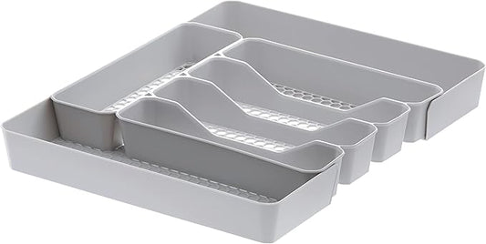 Spectrum HEXA 5-Divider Expandable Silverware Tray (Stone Gray) - In-Drawer Organizer for Kitchen Accessories, Cutlery, Knives, & More / Easy-to-Clean Home & Apartment Essential