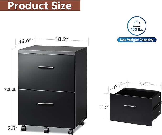 DEVAISE Wood File Cabinet, 2 Drawer Filing Cabinet for Home Office, Vertical File Cabinets with Wheels fits A4/Letter/Legal Size File, Black