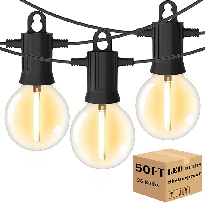 Outdoor String Lights 50 ft, LED Grobe Patio Lights with 27（25+2 Spare G40 Shatterproof Bulbs, IP 65 Waterproof, Outside Hanging Light for Cafe Bistro Backyard