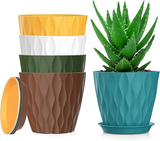 7 Inch Plant Pots Set of 5, Plastic Flower Pots with Drainage Holes and Trays, Planter Pot for Indoor Plants, Decorative Pots for Plants Indoor/Outdoor （Multicolor）