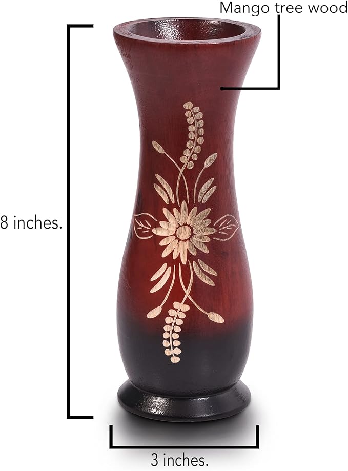 AeraVida Balinese Flower Red Concaving Mango Tree Wood Vase 8 inches | Decorative Farmhouse Wooden Vase for Tabletop | Home Decor