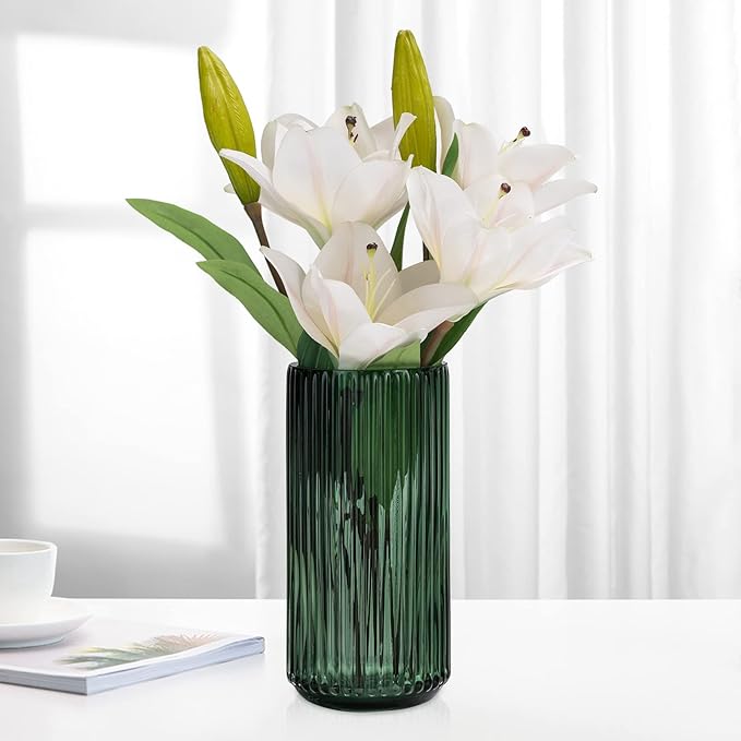 Flower Vase 9.7 inch Green Thickened Hand Blow Glass Vase Round Vintage Striped Bottles for Bookshelf,Dinner Table,Indoor Office Desktop,Meeting Room,Bathroom,Countertop,Home