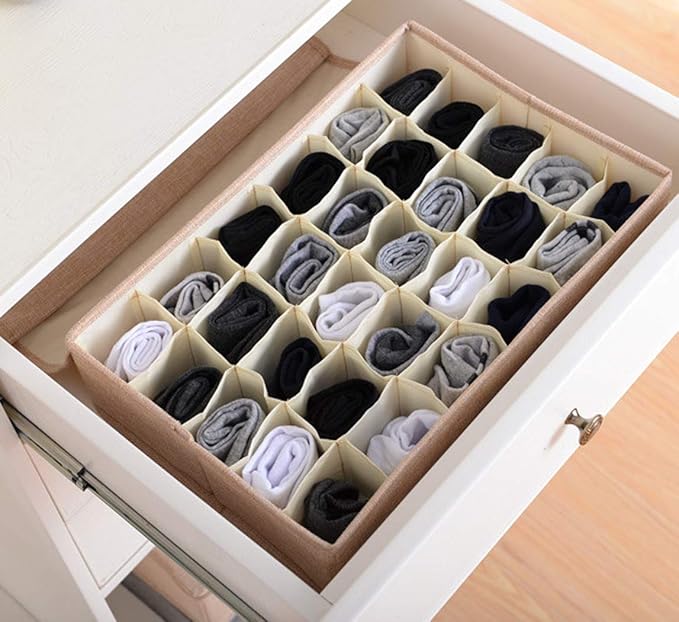 AARAINBOW 2 Packs Underwear Socks Ties Storage Organizer with Lids Foldable Closet Drawer Organizer 46 Cells, Fabric Drawer Wardrobe Divider Organizer for Bra Scarves Lingerie (30+16 Cell, 2 Beige)