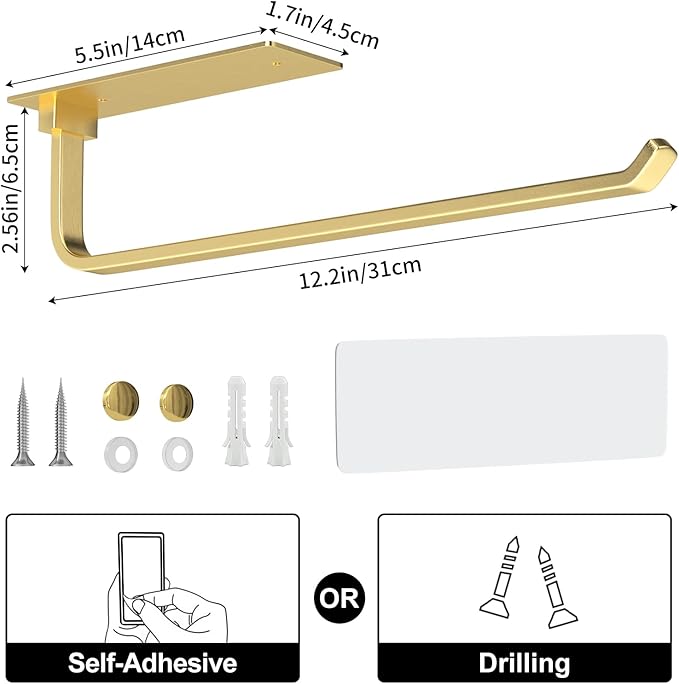 Paper Towel Holder - Self-Adhesive or Drilling, Gold, Upgraded Aluminum Kitchen Roll Dispenser Under Cabinet, Lighter but Stronger Than Stainless Steel!