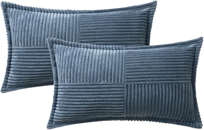 MIULEE Decorative Lumbar Throw Pillow Covers for Couch Bed Livingroom 14x24 Inch Set of 2 Blue Boho Accent Throw Pllows Broadside Striped Patchwork Soft Corduroy Summer Coastal Pillowcases