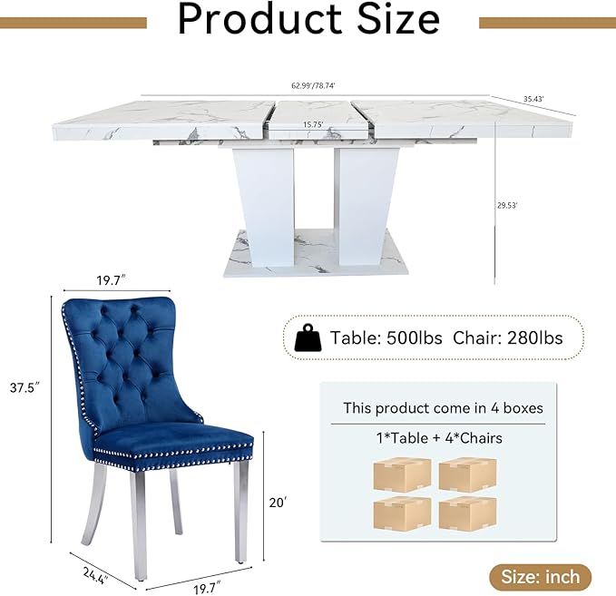 Goujxcy 5-Piece Extendable Dining Table Set for 4-8 People 63-78 Inch Kitchen Table Set with 4 Blue Upholstered Chairs Modern White Faux Marble Rectangular Dining Room Table Set for Kitchen Apartment