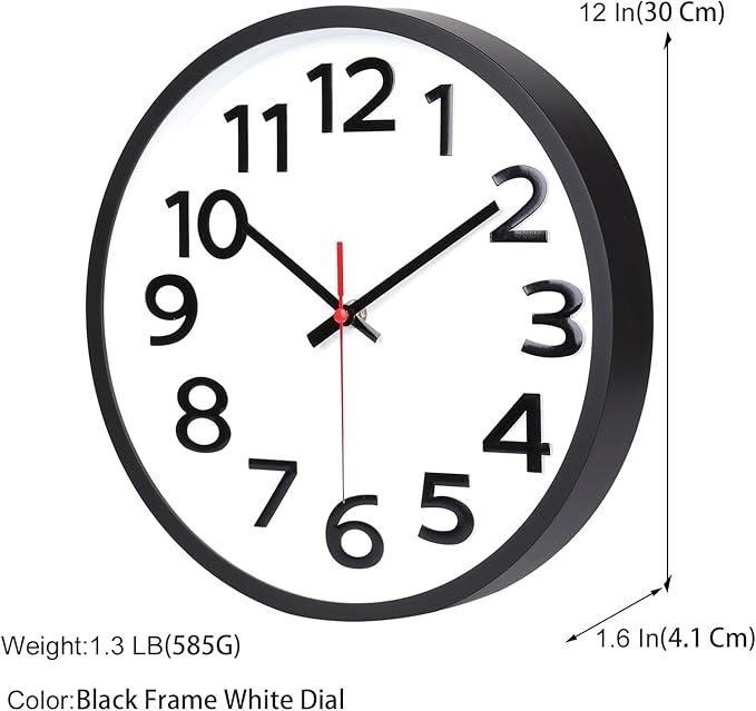 Wall Clock 12 Inch Silent Non-Ticking Big Numbers Easy to Read Wall Clocks Decorative for Office School Bedroom Home