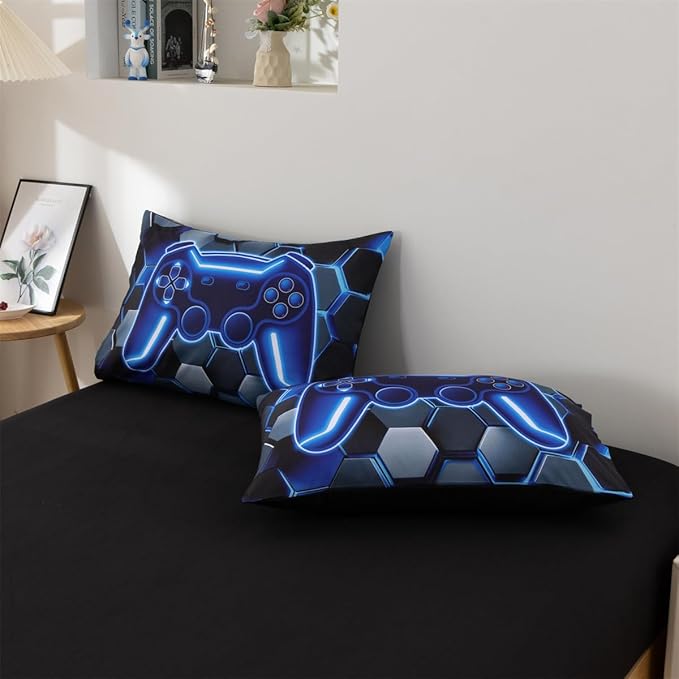 NTBED 3D Gaming Comforter Set for Boys Kids Teens,5pcs Gamer Bedding Sets with Sheet,Game Console Bed in a Bag (Blue, Twin)