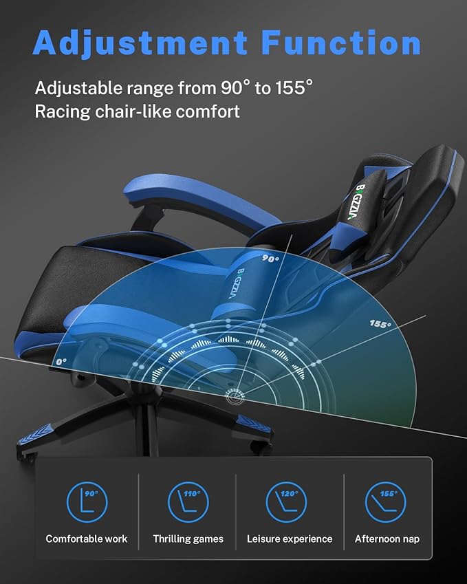 Gaming Chair with Footrest, High Back Ergonomic Computer Gamer Chair with Headrest and Lumbar Support, Racing Style Reclining Game Chair for Adults, Kids (Blue-Black)