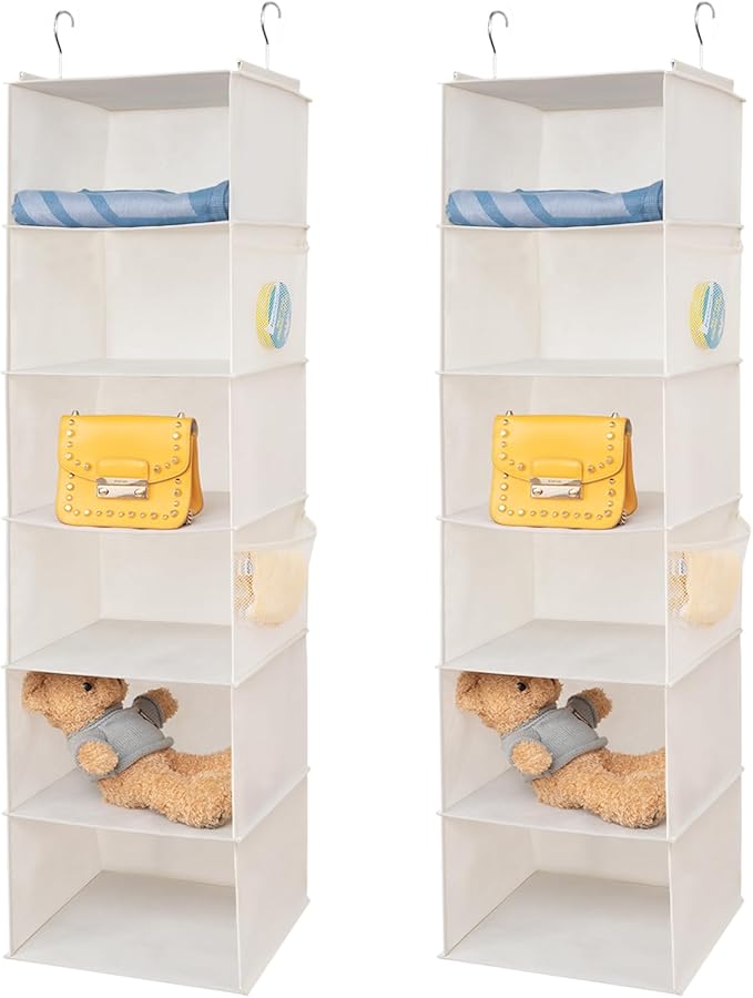 6 Shelves Hanging Closet Organizer, 2 Pack Hanging Storage with 4 Side Pockets for Clothes Shoes, 43.5"x12"x12"(Beige)