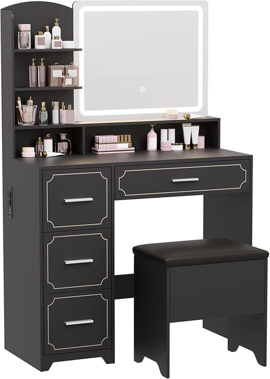 Vanity Table with LED Mirror & Power Outlet - 5 Open Shelves, 4 Drawers - Includes Padded Stool - Ideal Bedroom Makeup Dressing Table （Black）