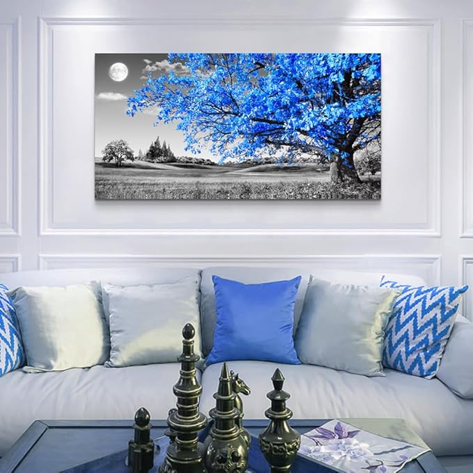 Wapluam Large Canvas Wall Art For Living Room Wall Decor For Bedroom Black And White Wall Paintings Blue Tree Scenery Wall Pictures Prints Artwork Office Decor Room Aesthetic Home Decor 24" X 48"