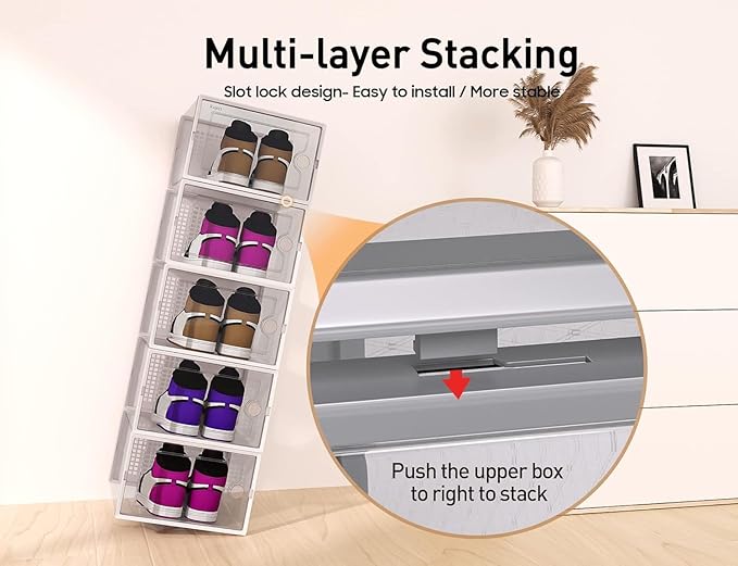 Kuject X-Large Shoe Storage Boxes Organizers Clear Plastic Stackable 12 Pack, Shoe Rack & Holder Substitute, Sneaker Containers, Toy Storage Organizer Bins for Entryway, Closet, Under Bed, Blue