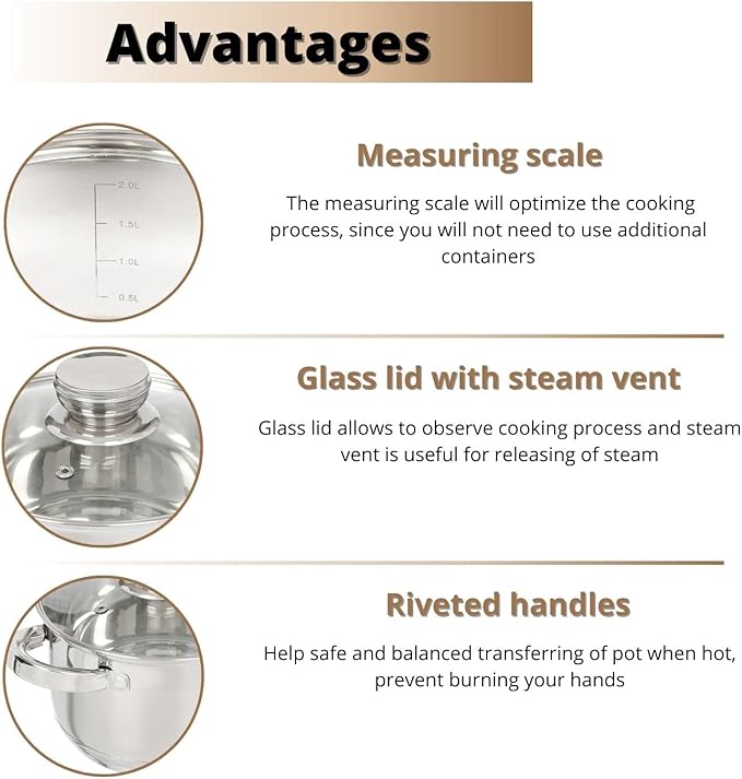 Daniks Standard Stainless Steel Stock Pot with Glass Lid – Induction 4 Quart, Dishwasher Safe, Measuring Scale, For Soup, Pasta, Stew, Silver