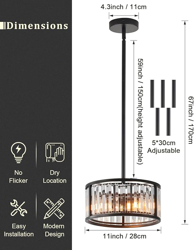 Black Flush Mount Ceiling Light, 2- Light Caged Crystal Chandelier, Small Drum Hallway Light fixtures Ceiling Mount (11 INCH Black Pendant Light(2-Light))