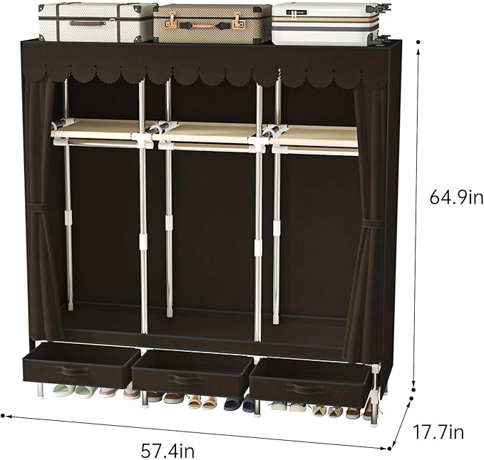 Portable Amories Closet Wardrobe with Non Woven Fabric Cover,59 Inch Large Metal Clothes Rack Storage Closet with 3 Hanging Rods,3 Drawers and 3 Storage Shelves,Brown,for Small Room