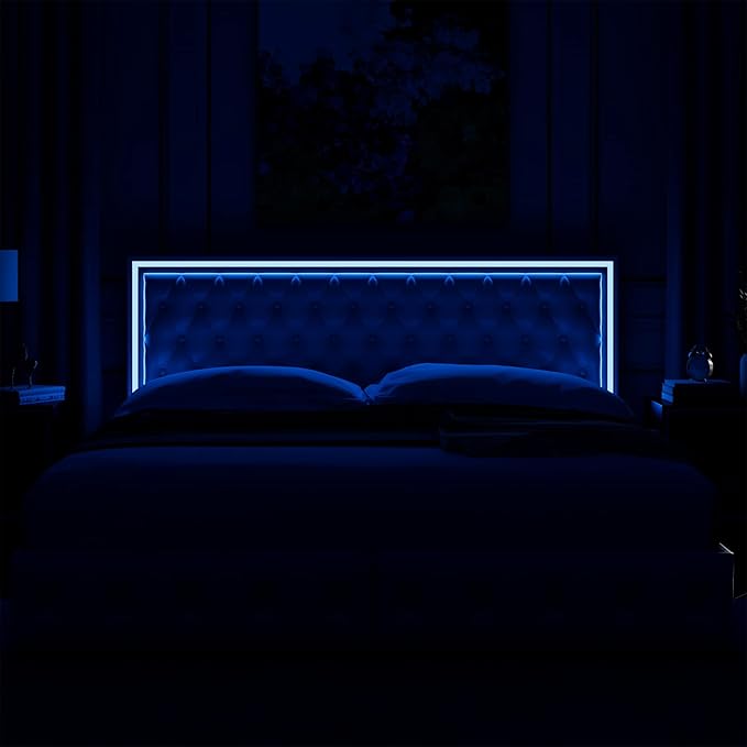 Keyluv King Upholstered LED Bed Frame with 4 Drawers, Pu Leather Platform Storage Bed with Adjustable Button Tufted Headboard and Solid Wooden Slats Support, No Box Spring Needed, White