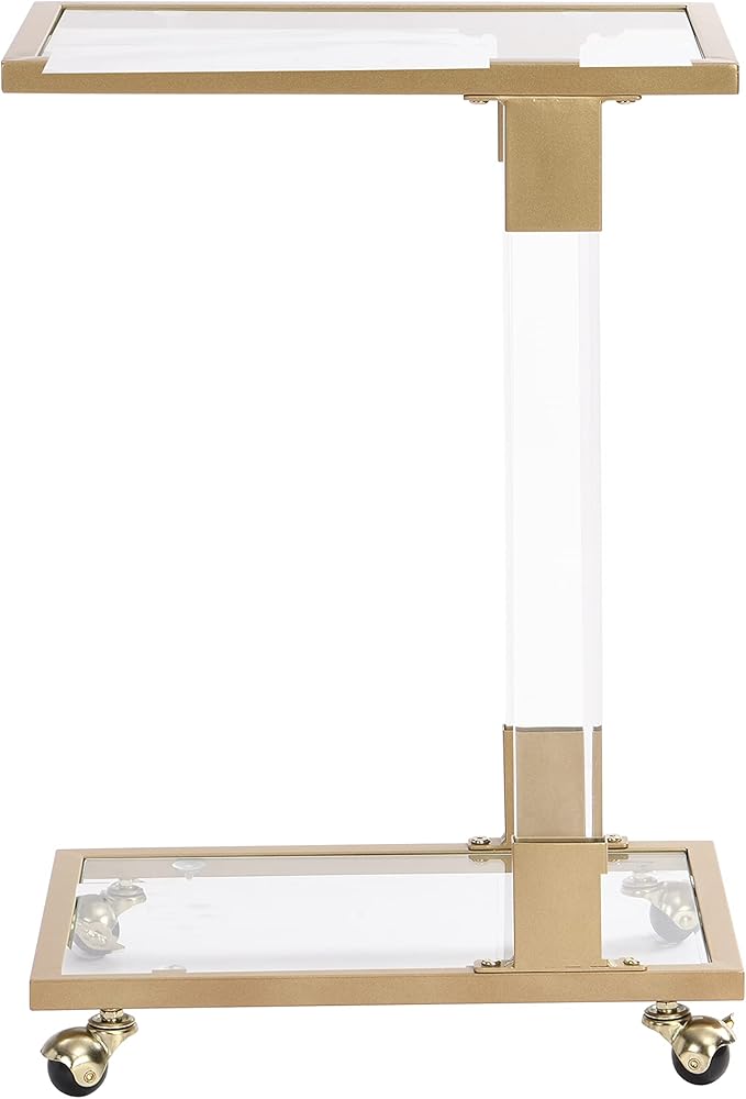 Goujxcy Clear Sofa Side Table C Shaped End Table with Wheels, Rolling Acrylic Bedside Laptop Snack Table TV Tray, Mobile Breakfast Tray Table with Tempered Glass Shelves and Clear Acrylic Frame