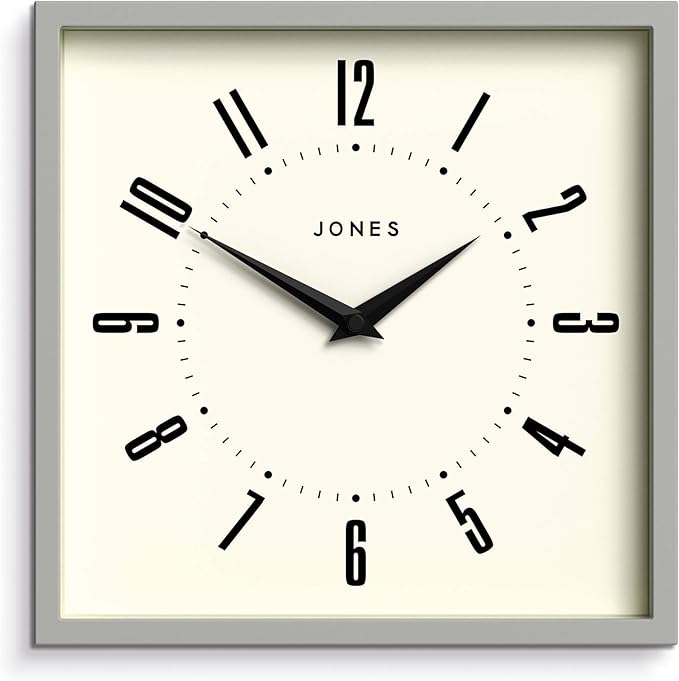 JONES CLOCKS® Box Wall Clock | Retro Square | 25cm | Gray | Easy to Read Numbers | Perfect Kitchen or Office Clock