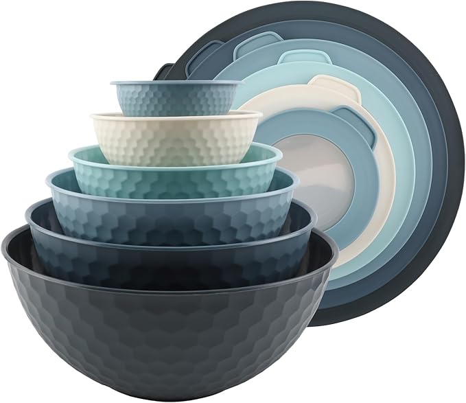 COOK WITH COLOR Mixing Bowls with Lids - 12 Piece Plastic Nesting Bowls Set includes 6 Prep Bowls and 6 Lids, Non Slip Bottom and Embossed Design - Microwave Safe (Blue)