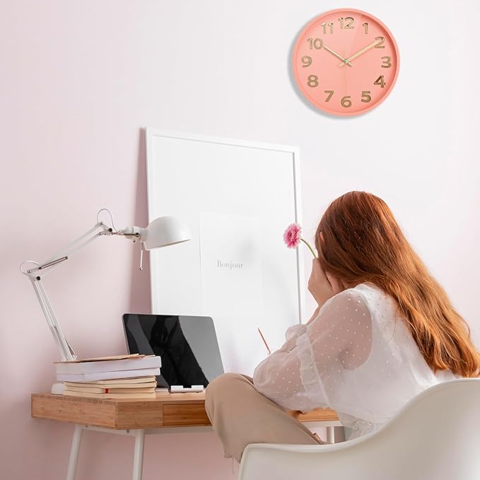 Pink Wall Clock 10 Inch Battery Operated Analog Easy to Read for Kids/Women/Girls Bedroom Home,Large 3D Numbers