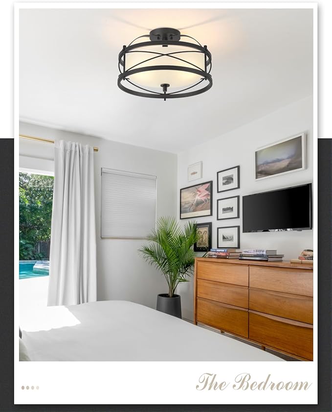 Entryway Drum Light Fixtures, Semi-Flush Mount Rustic Ceiling Light for Hallway Living Room Bedroom Kitchen (Black)