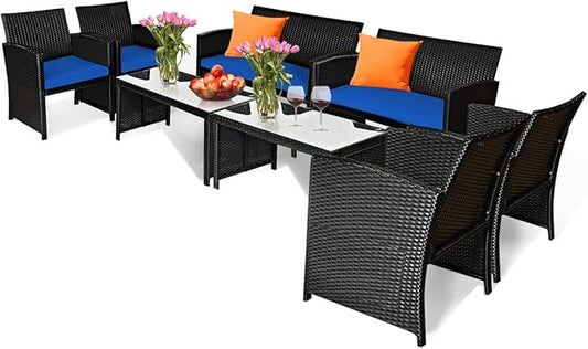 Tangkula 8 Pieces Patio Wicker Conversation Furniture Set, Patiojoy Sofa & Table Set w/4 Seats, Outdoor Rattan Sofa Set for Balcony Backyard, Wicker Chair Set with Tempered Glass Coffee Table