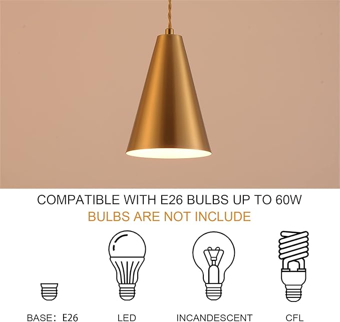 Gold Pendant Lights Kitchen Island,Dining Room Light Fixtures Over Table 3 Pack with Brushed Brass Cone Metal Shade, Modern Farmhouse Mini Chandeliers,Adjustable Cord Hanging Lighting for Bar,Sink