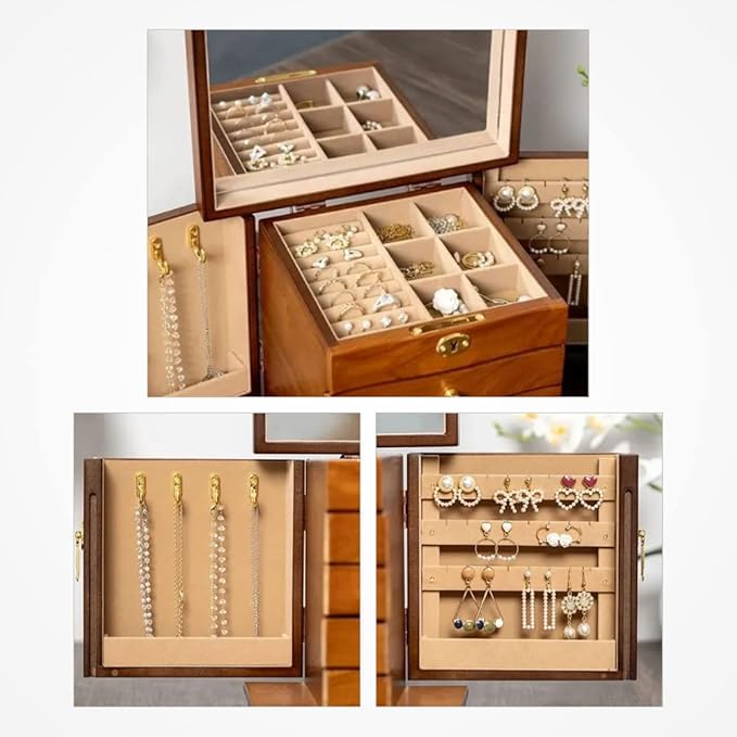 Wooden Jewelry Box for Women, Solid Wood Organizer with Combo Lock for Jewelries, Necklaces, Rings, Vintage Style Storage Box with Mirror (pine wood)