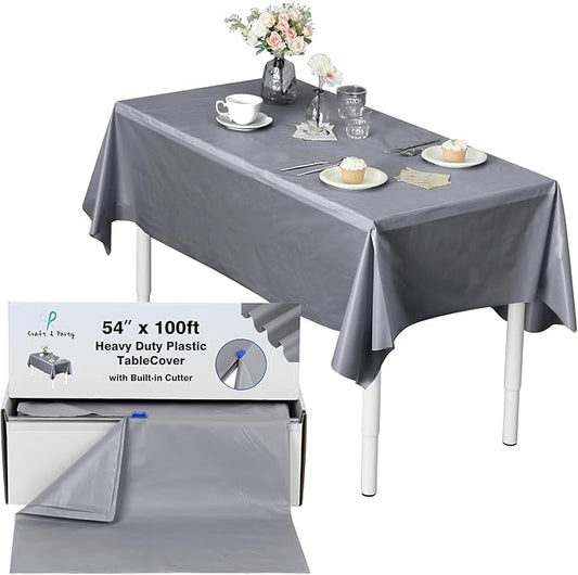 Craft And Party, 54 in x 100 feet Plastic Table Cover Roll for Party, Banquet, Picnic, Kids Activities for Any Size and Shape Table (Silver, 54" x 100ft)