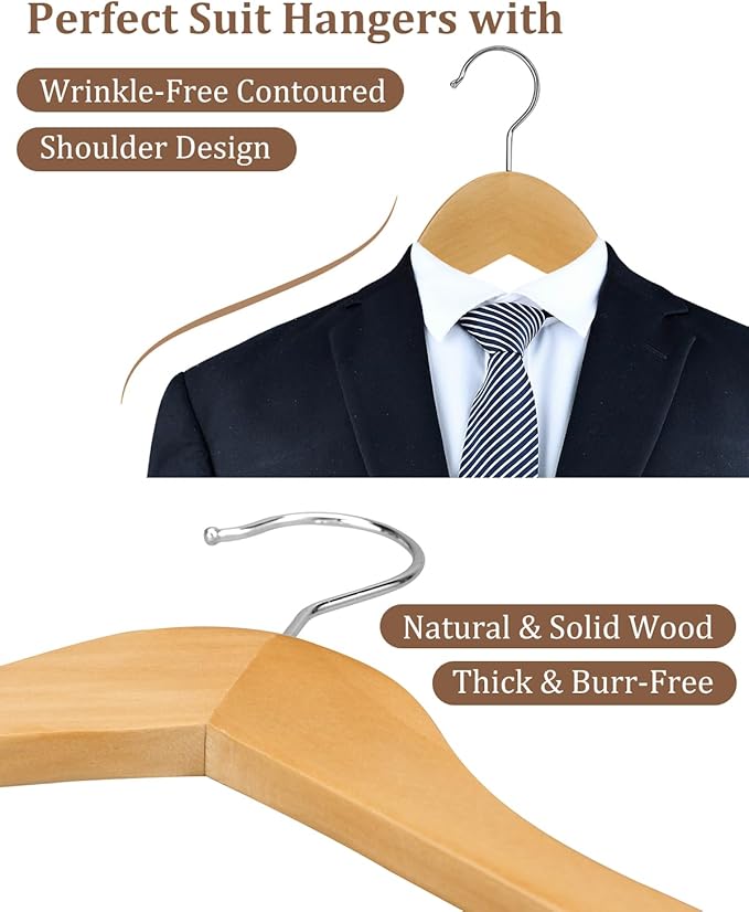 AMKUFO Wooden Hangers 20 Pack Wood Suit Hangers Non Slip Wooden Coat Hangers with Smooth Fnish Cut Notches 360° Swivel Hook Clothes Hangers for Jeans Pants Jackets Shirts Dresses, Natural