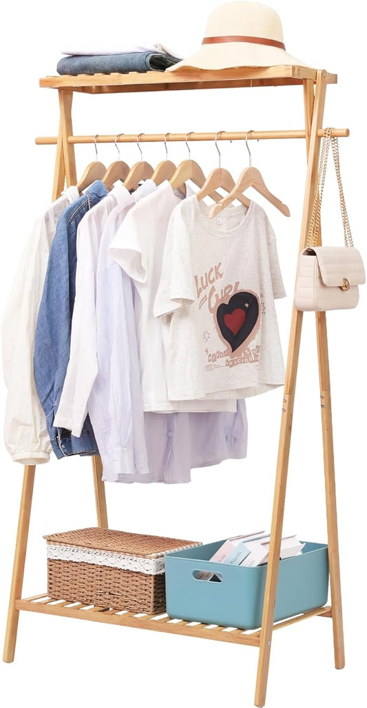Bamboo Clothing Garment Rack with 2 Tier Storage Shelf Clohes Hanging Stand Portable Closet Organizer for Bedroom Small Apartment Guest Room Laundry Room