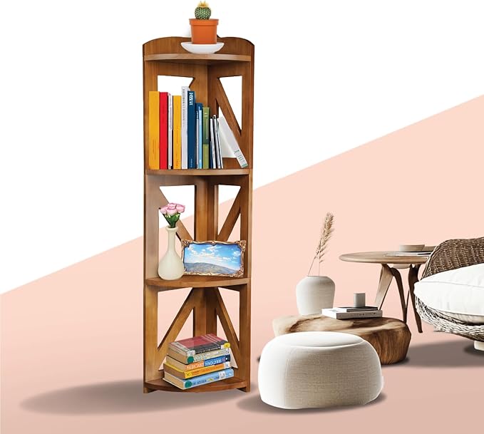 Corner Shelf Stand, Corner Bookshelf, Small Corner Shelves by Natural Wood, Plant Stand, Corner Bookcase for Living Room, Home Office, Bedroom, (Brown, 4 Tier)