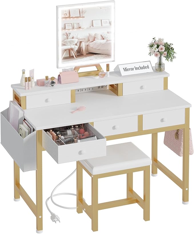 White Makeup Vanity Desk with Lights - 40 inch Girls Vanity Set with Mirror and Chair, Make Up Dresser Table with Drawers and Power Outlet for Bedroom Small Space, White and Gold