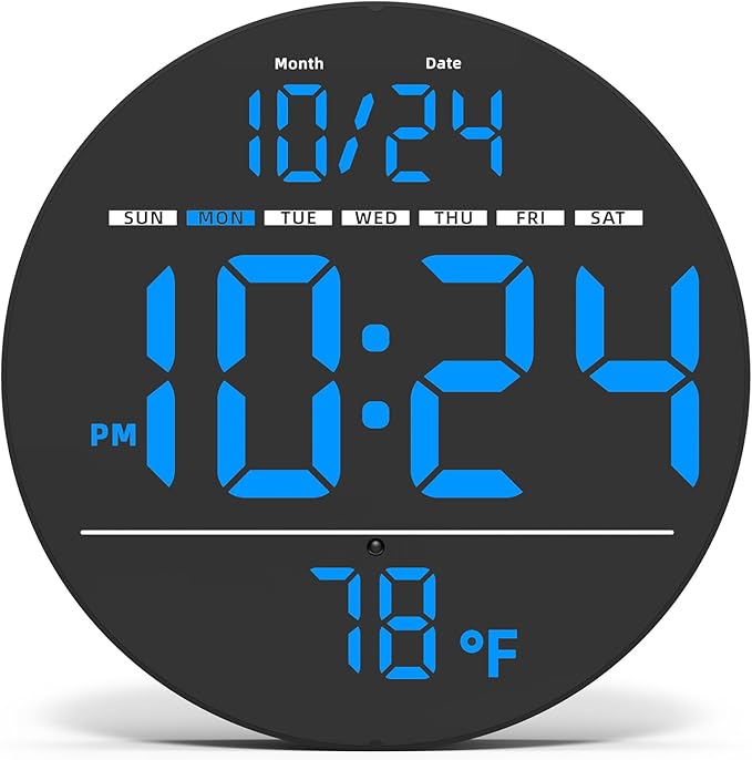 Digital Wall Clock with Large LED Display, Date, Temperature, Auto-Brightness | Small [PLUG-IN] Clock | Modern Electric Wall Clock for Bedroom, Classroom, Living Room, Home, Office, Farmhouse - Blue