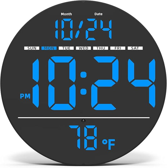 Digital Wall Clock with Large LED Display, Date, Temperature, Auto-Brightness | Small [PLUG-IN] Clock | Modern Electric Wall Clock for Bedroom, Classroom, Living Room, Home, Office, Farmhouse - Blue