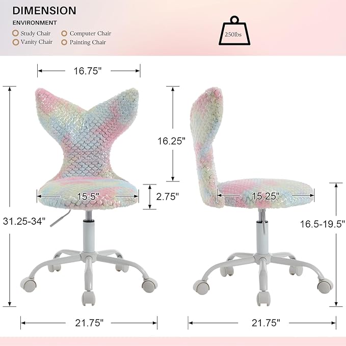 Fuzzy Desk Chair, Cute Swivel Children Desk Chair with Wheels for Kids Bedroom Upholstered Rolling Study Chair Adjustable Computer Chair Mermaid Back Vanity Chair for Teen Girls Boys, Light Colorful