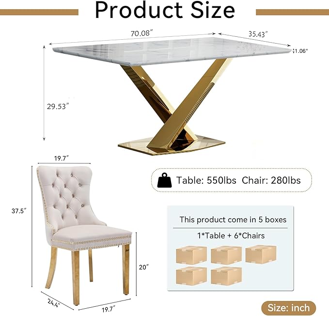 70" Faux Marble Dining Table Set for 6, 7-Piece Dining Set with White Gold Kitchen Table and 6 Velvet Tufted Chairs, Modern Rectangular Dining Room Table with X-Shape Stainless Steel Base