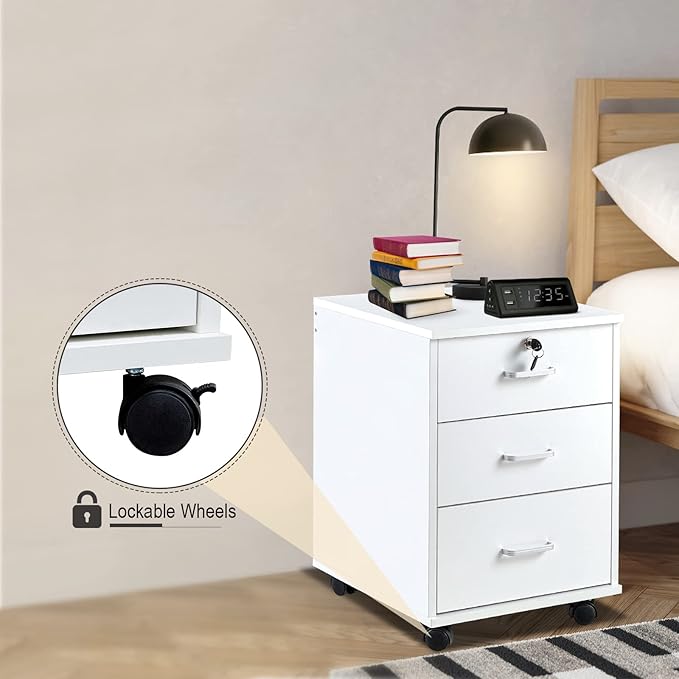 Mobile File Cabinet with Lockable Drawer, 3-Drawers Under Desk Storage Cabinet with 360°Swivel Wheels, Wooden Stationery Storage Cabinet for Legal/Letter/ A4 Documents (White)