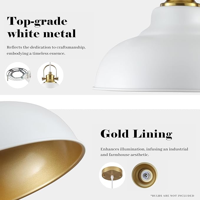 White and Gold Pendant Light, 11.41 Inch Dome Pendant Lights, Industrial Pendant Light Kitchen Island, Farmhouse Pendant Lights 2 Packs, Island Pendant Lights for Kitchen, Dining Room, Living Room