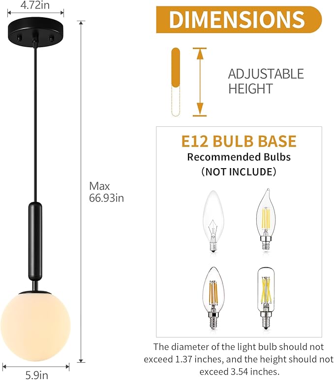 Modern Hanging Light Fixture Pendant Lighting for Kitchen Island Mid Century Black Pendant Lights with Globe Milky White Glass Pendant Light for Bedroom Bathroom Entryway (3 Pack)