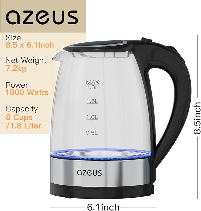 AZEUS Electric Kettle 1500W Cool Touch Tea Kettle Anti-scalding Design 1.8L Large Capacity Kettle BPA-Free, White