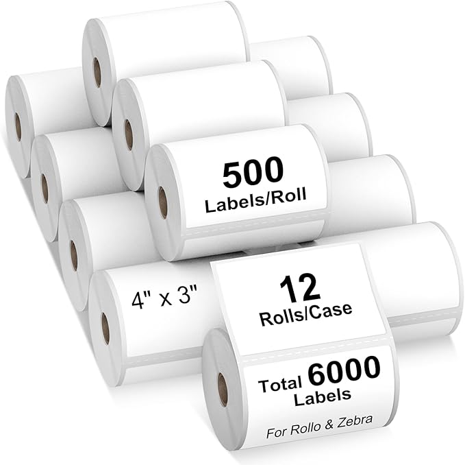 AveneMark 12 Rolls 4" x 3" Direct Thermal Labels for Barcodes Postage Address Shipping Compatible with Rollo & Zebra Desktop Printers Adhesive - 500 Labels/Roll