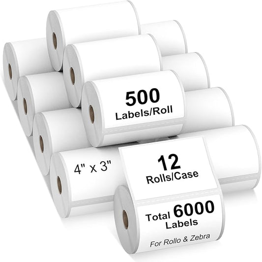 AveneMark 12 Rolls 4" x 3" Direct Thermal Labels for Barcodes Postage Address Shipping Compatible with Rollo & Zebra Desktop Printers Adhesive - 500 Labels/Roll